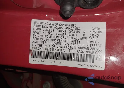 2020 Honda Civic Sport from USA, damaged, VIN 2HGFC2F84LH543170